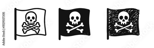Jolly Roger Pirate Flag Icon Set - Outline, Solid, and Hand-drawn Styles for Adventure, Danger, and Halloween