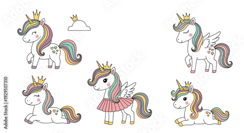 Collection of cute white unicorns with rainbow manes and tails appears in various poses like flying with wings and wearing a pink ballet tutu.
