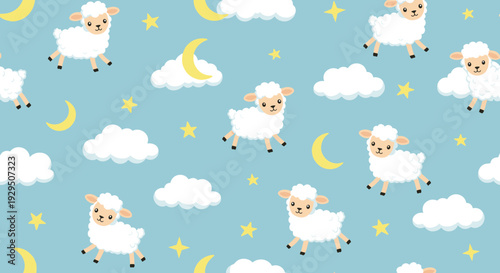 Seamless pattern of fluffy white sheep jumping over yellow crescent moons and stars on a light blue sky background for nursery or bedroom decor.
