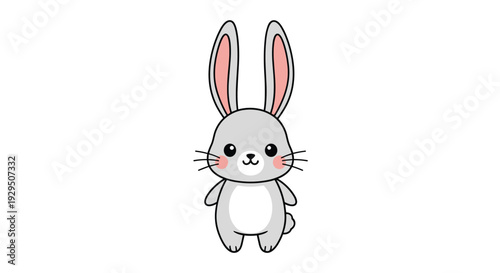 Cute gray cartoon rabbit with pink cheeks and long ears stands upright in a friendly pose against a clean white background for children designs.