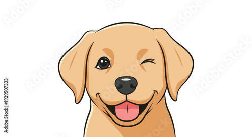 Adorable golden labrador retriever puppy winks and smiles with a happy expression in this charming cartoon illustration of a friendly young dog.