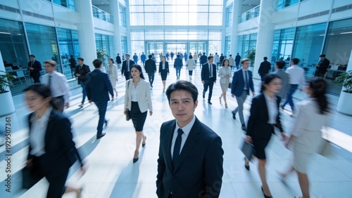 A young Asian businessman stands still in a bustling office lobby with many people walking by, captured in a blurred motion shot with a cool blue tone and natural light.