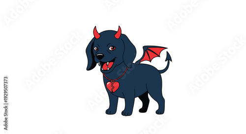 Cartoon devil dog with red horns and bat wings wears a broken heart necklace in this unique illustration of a spooky but cute canine character.