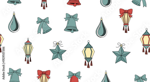 Festive seamless pattern features Christmas elements like bells bows stars and lanterns in teal and red colors on a white backdrop for holidays.