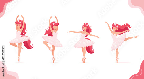 Four graceful ballerinas with red hair and unicorn headbands perform various dance poses in white tutus against a soft pink and white backdrop.