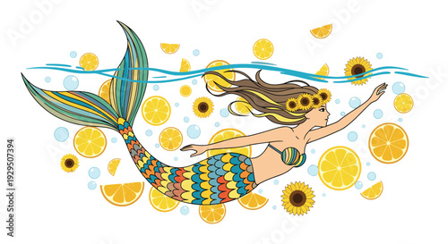Beautiful mermaid with long brown hair and a colorful tail swims through water filled with citrus fruit slices and bright yellow sunflowers.