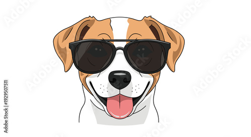 Happy brown and white dog wearing large black aviator sunglasses and sticking its tongue out in a cool and fun summer pose.
