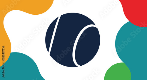 Modern abstract illustration of a dark blue tennis ball centered on a white background with colorful organic flowing shapes.
