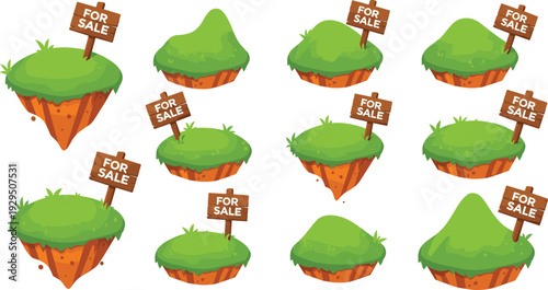 Floating Grass Land Plots with For Sale Signs Cartoon Green Landscape Islands Flat Vector Illustration Set