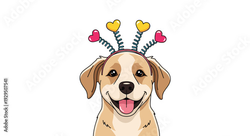 Cheerful golden retriever puppy wearing a playful headband with colorful bouncing hearts on a plain white background.