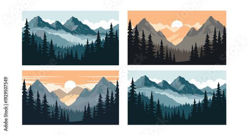 Collection of four stylized mountain forest landscapes depicting different times of day with pines and layered mountain peaks.