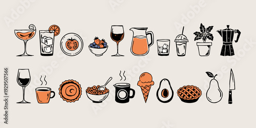 A collection of food and drink icons in a pixel art style Vector