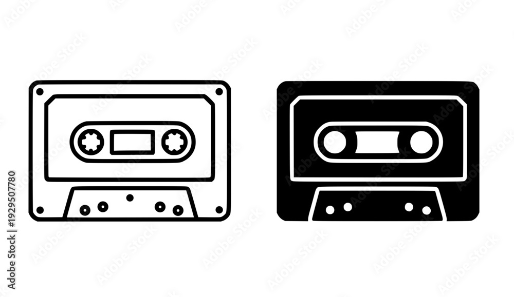 Fototapeta premium Minimalist cassette icon, black and white in outline and silhouette design style