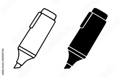 Highlighter illustration icon, black and white in outline and silhouette design style