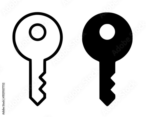 Minimalist key icon, black and white in outline and silhouette design style