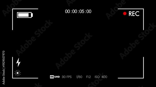 Camera recording screen overlay with alpha channel, professional DSLR camera frame viewfinder, digital video recorder interface with timer and battery indicator for cinematic footage creation in 4K