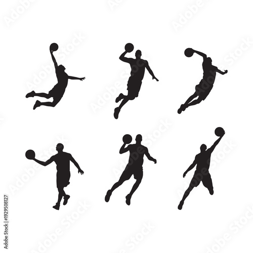 Silhouette series depicting basketball players in dynamic action poses during a game