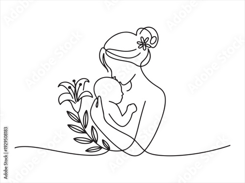 Mother holding baby in a minimalist continuous line art style motherhood love vector illustration on white background