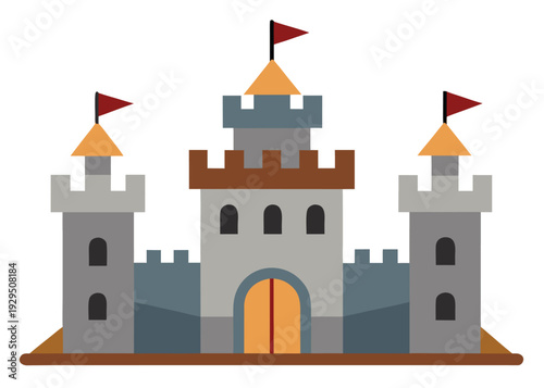 An illustration of a medieval stone castle with grey walls, brown battlements, two outer towers, a central tower, and red flags.