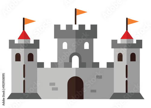 A cartoon illustration of a grey medieval stone castle with dark brown doors, battlements, and orange flags on turrets.