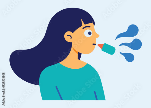 A flat illustration of a woman with dark hair using a teal and orange asthma inhaler with vapor puffs.