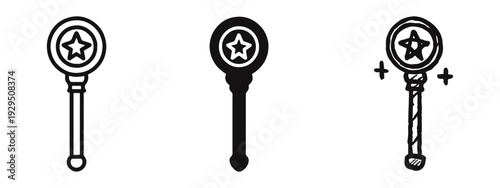 Magic Wand Icon Set with Star in Outline, Solid, and Hand-Drawn Doodle Styles