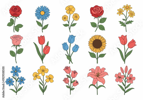Collection of assorted, hand-drawn flowers, including roses, tulips, sunflowers, and daisies in various colors and arrangements