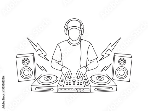 Continuous Line Drawing of DJ Playing Music with Turntable – Party Audio Vector Illustration