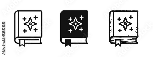 Magic Spell Book Icon Set in Outline, Solid, and Hand-Drawn Doodle Styles