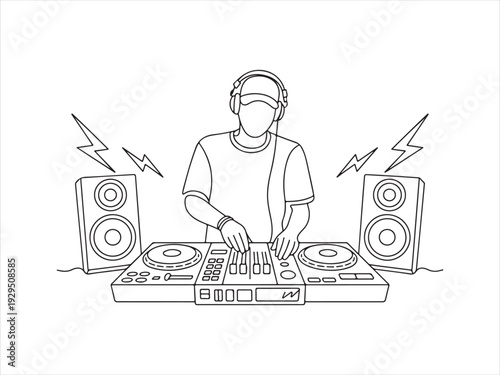 Continuous Line Drawing of DJ Playing Music with Turntable – Party Audio Vector Illustration