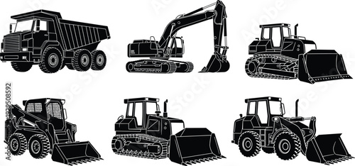 Construction heavy equipment set, excavator bulldozer loader and dump truck silhouettes isolated on white background for industry, engineering, machinery, building design