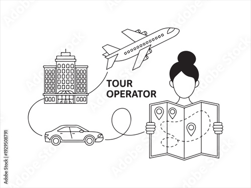 Travel and Tour Operator Concept with Map, Airplane and Hotel, Line Art Vector Illustration