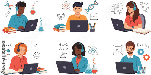 Illustration of diverse students engaged in remote STEM education with laptops and various mathematical equations in the background.