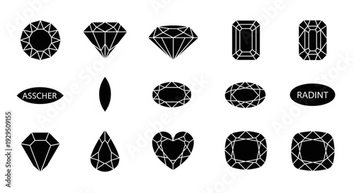 Collection of various diamond cuts and shapes illustrations