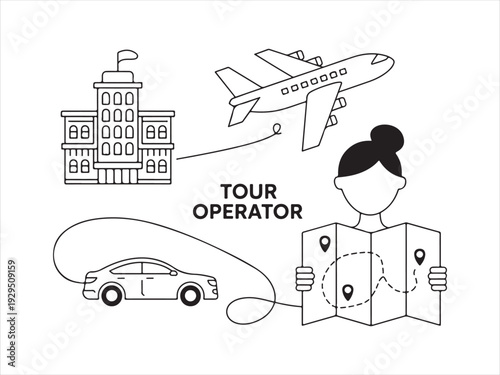 Travel and Tour Operator Concept with Map, Airplane and Hotel, Line Art Vector Illustration