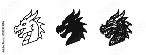 Ferocious Dragon Head Icon Set in Outline, Silhouette, and Doodle Styles