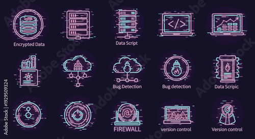Cybersecurity and Data Technology Glitch Icons Set: Digital Protection, Server, Cloud, Firewall, and Programming Symbols with Retro-Futuristic Aesthetic