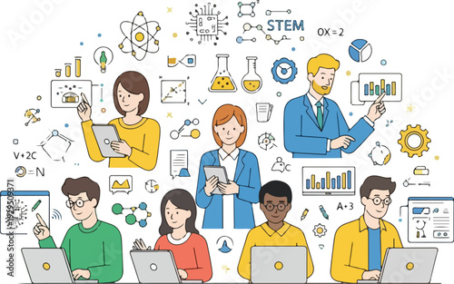 Illustration of diverse group of people engaged in remote STEM education with laptops and educational icons surrounding them on a white background with a modern and innovative mood.