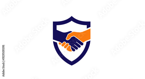 Handshake inside shield logo emblem graphic.