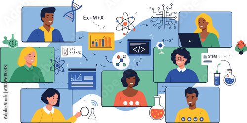Illustration of diverse students and teachers participating in remote STEM education through video conferencing with laptops and science equipment.
