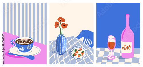 Vintage hand drawn posters. Minimalist contemporary prints dolce vita style, whimsical flowers in vase, coffee, vine, breakfast, lunch, dinner concept italian aesthetic. Vector set
