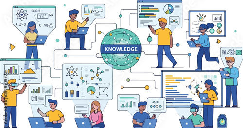 Illustration of diverse people engaged in remote STEM education with laptops and interactive graphs in a colorful, modern setting with a focus on knowledge sharing.