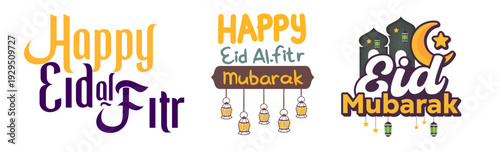 Three Decorative Eid Mubarak Greetings Featuring Arabic Calligraphy, Islamic Motifs, and Lanterns