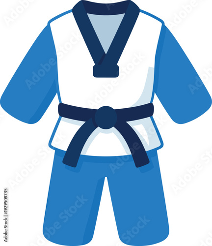 Blue uniform with a black belt for martial arts on a white background