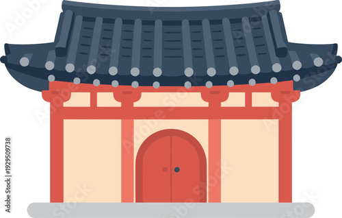 Traditional korean architecture showcasing a gate, painted in shades of red and cream color