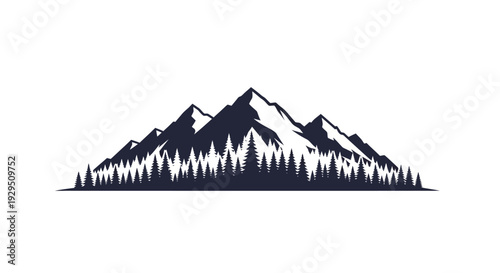 Mountain range with snow and trees.