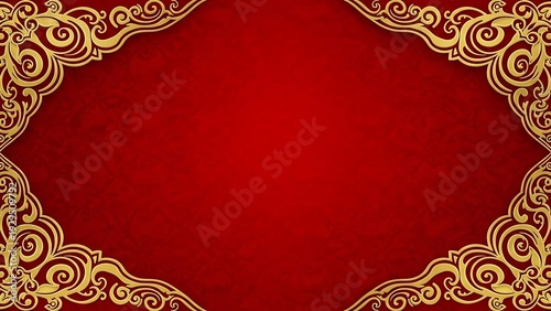 Elegant golden ornamental frame on rich red background with copy space