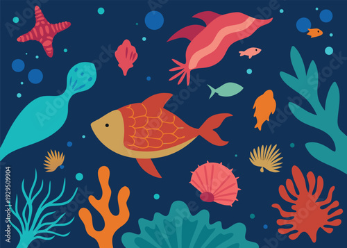 An intricate underwater ecosystem illustration showcases diverse marine life including fish, starfish, and coral elements.