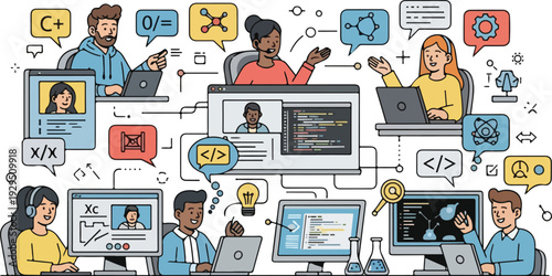 Illustration of diverse group of people engaged in remote STEM education with laptops and coding symbols in a colorful flat lay composition.