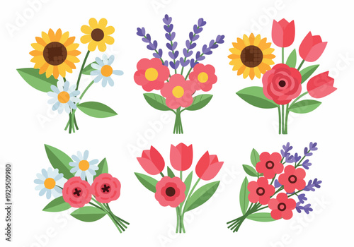 Diverse floral arrangements featuring sunflowers, daisies, tulips, and lavender in a charming collection of bouquets